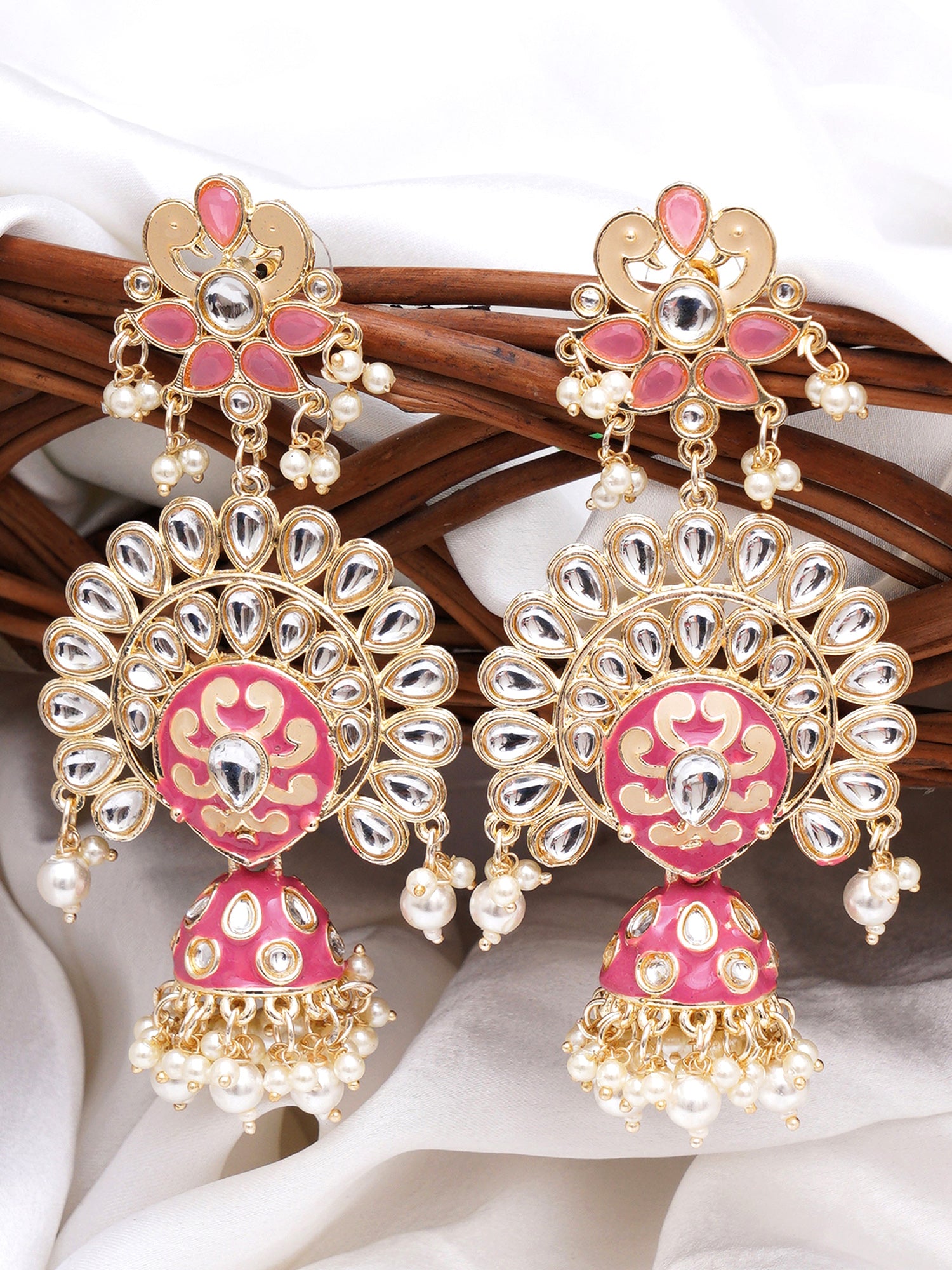 Karatcart Gold Plated Pink Meena Kundan Studded Dangler Jhumki Earrings for Women - view 3