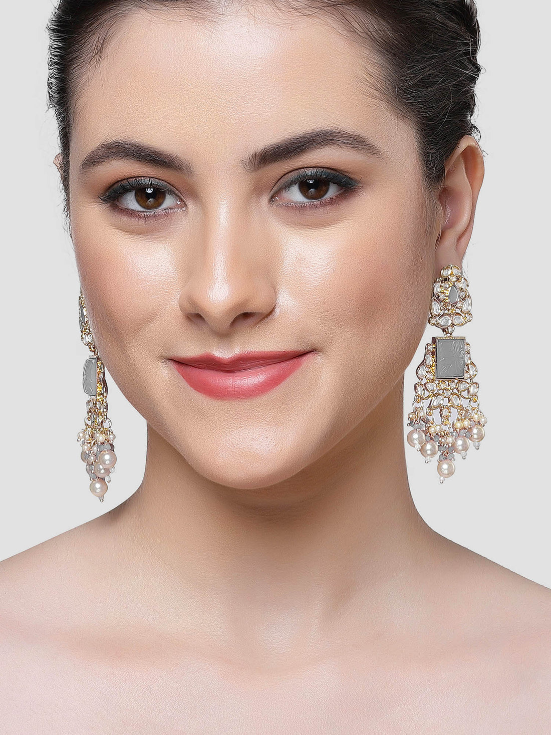 Karatcart Gold Plated Grey Carved Stone Kundan Drop Earrings for Women