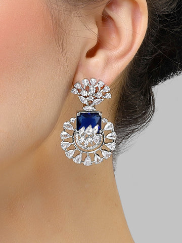 Karatcart Silver Toned Blue Cubic Zirconia Studded Drop Earrings for Women