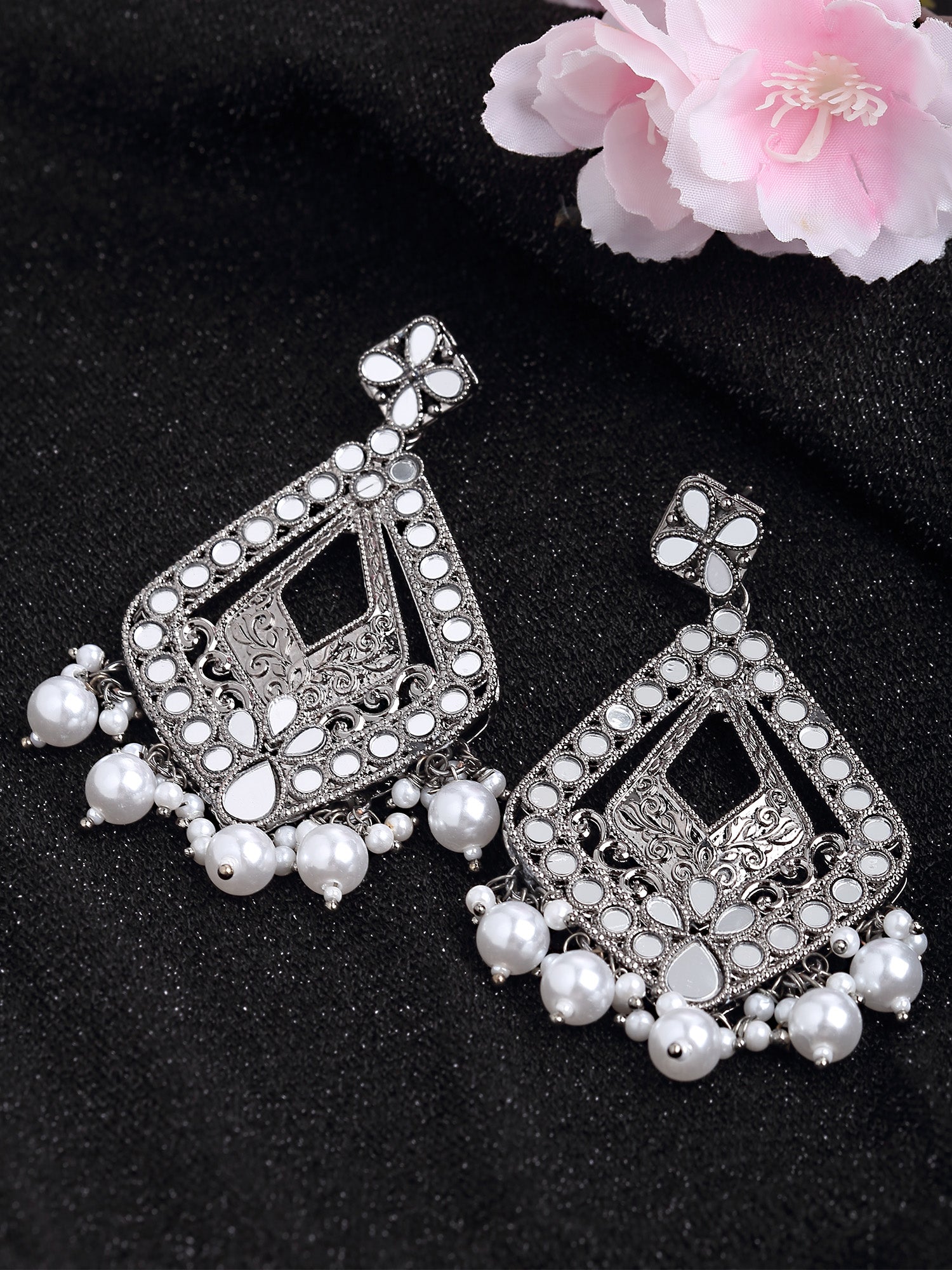 Karatcart Black Silver Plated Mirror Studded Diamond Shape Dangler Earrings for Women - Image 1