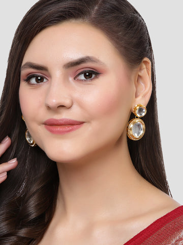 Karatcart Gold Plated Handcrafted Round Polki Kundan Drop Earrings for Women