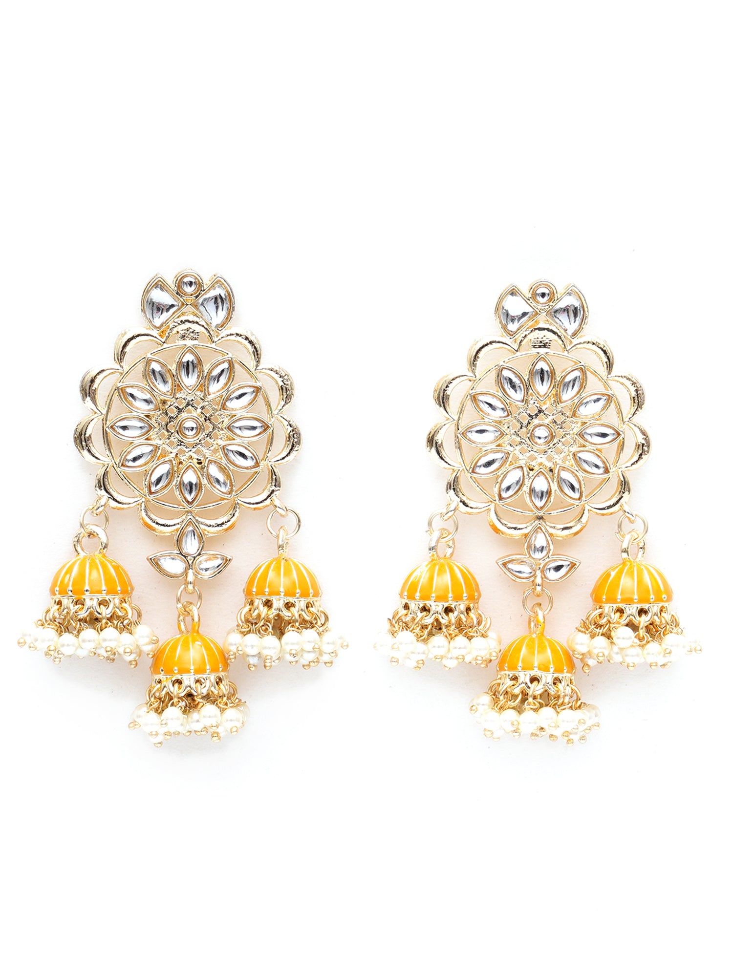 Karatcart Gold Plated Kundan Studded Yellow Meena Triple Jhumki Earrings for Women - view 2