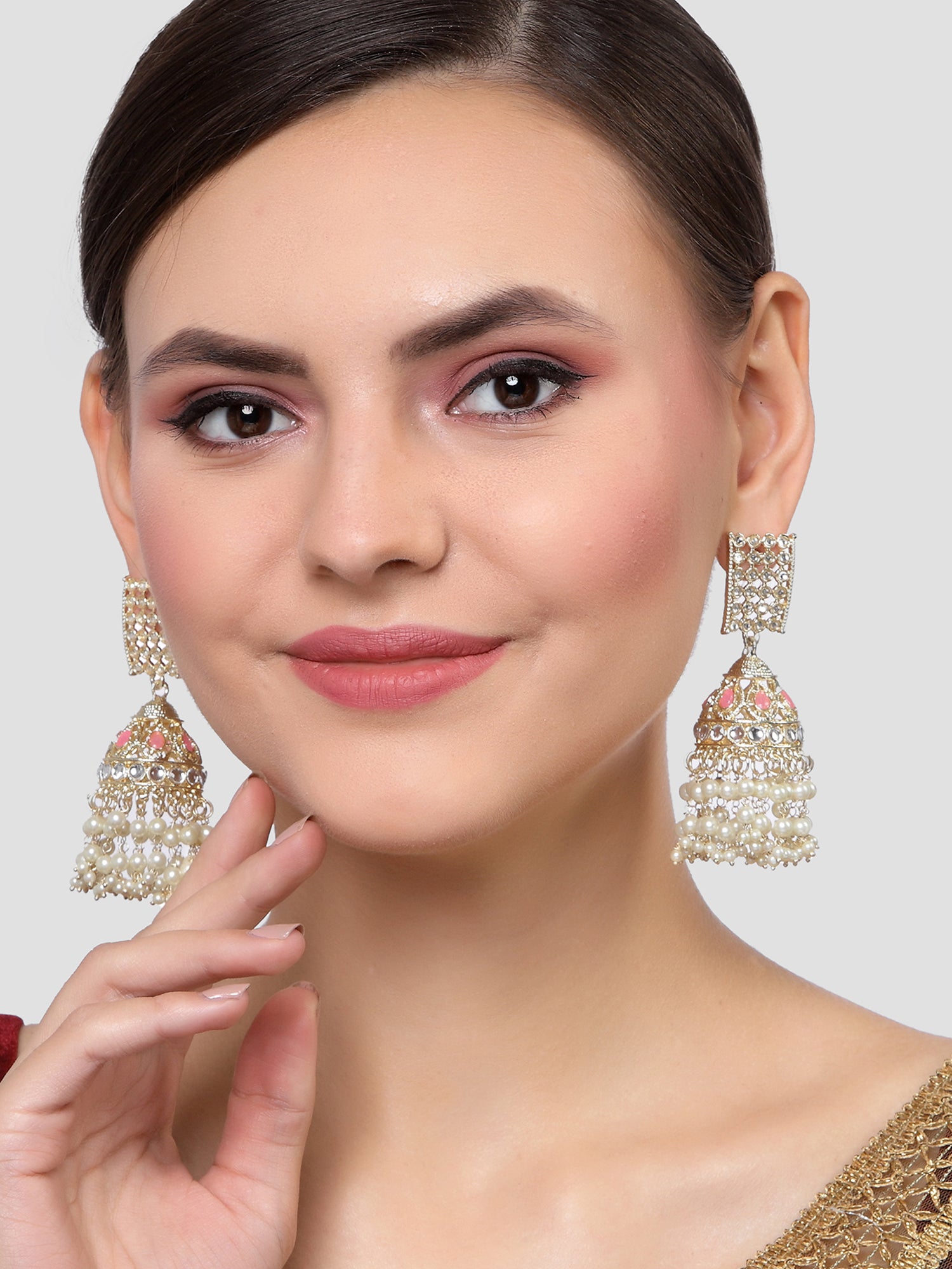 Karatcart Gold Plated Pink and Pearl Studded Kundan Dangler Earrings for Women - Image 1