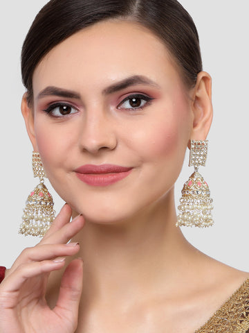 Karatcart Gold Plated Pink and Pearl Studded Kundan Dangler Earrings for Women