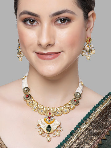 Karatcart Gold Plated Red and Green Kundan Meenakari Long Jewellery Set for Women