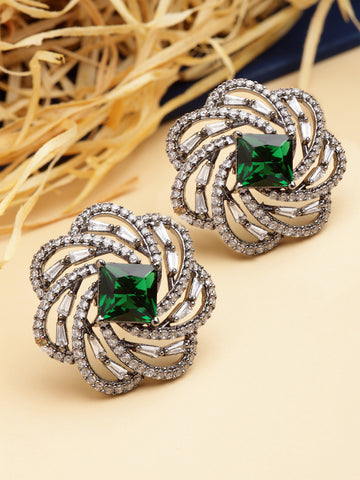 Karatcart Black Silver Tone Green Cubic Zirconia Stud Earrings for Women