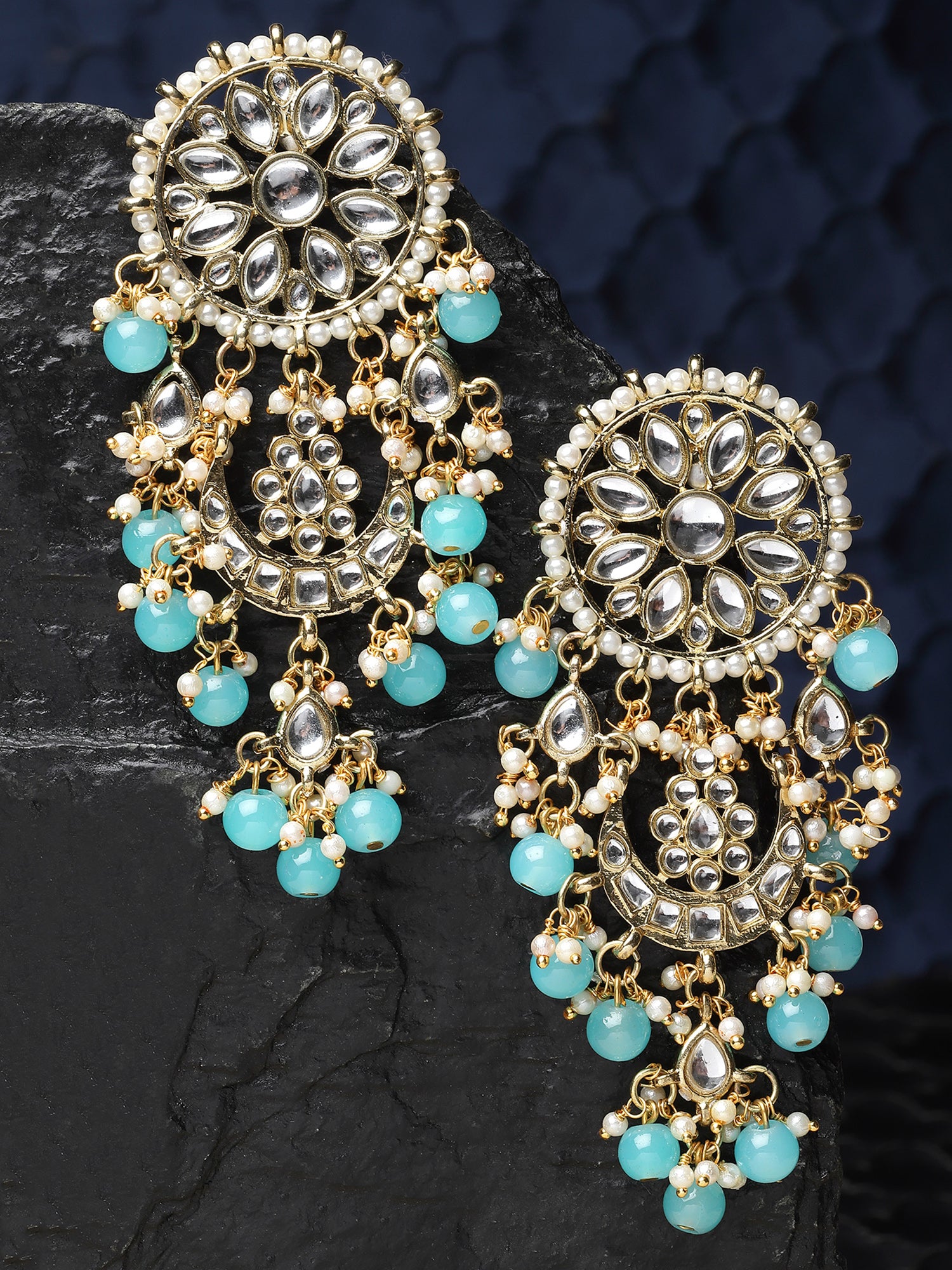 Karatcart Gold Plated Light Blue Bead Kundan Drop Earrings for Women - view 3