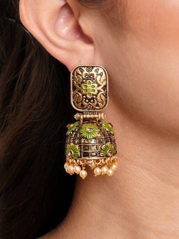 Karatcart Antique Gold Plated Floral Light Green Studded Jhumki Earrings for Women