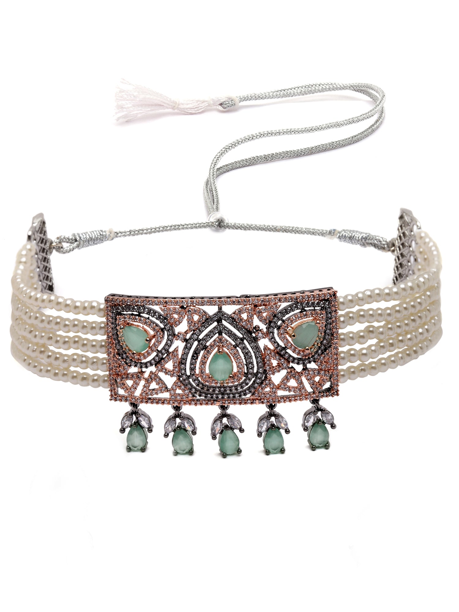 Karatcart Black Rose Gold Plated Pearl Beaded Cubic Zirconia Choker Necklace Set for Women - view 5