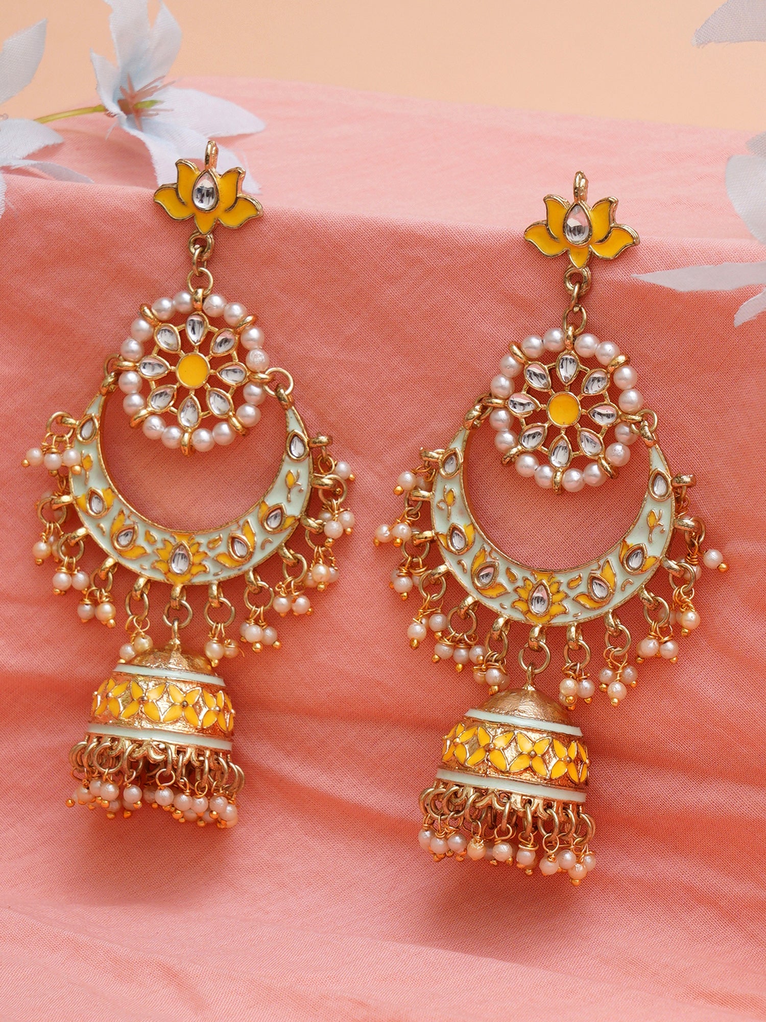 Karatcart Gold Plated Floral Yellow Meena Kundan Jhumki Earrings for Women - view 2