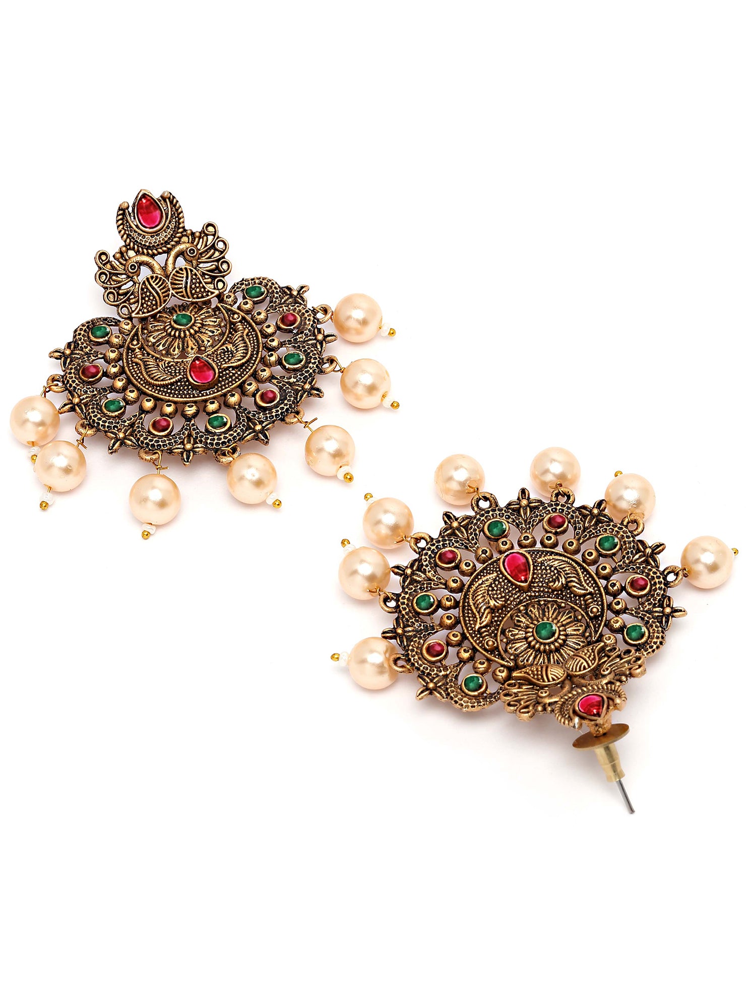 Karatcart Gold Plated Red and Green Floral Design Gloden Pearl Dangler Earrings for Women - view 5