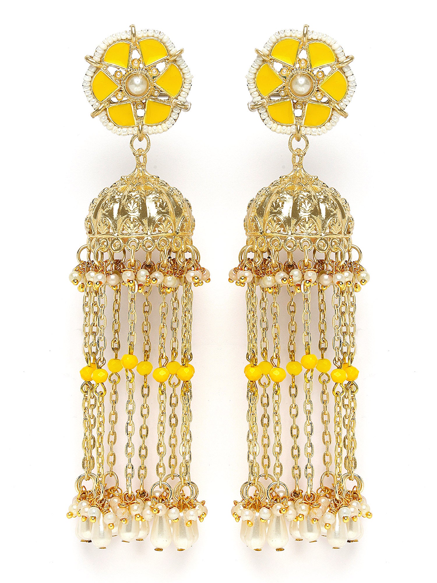 Karatcart Yellow Meena Gold Plated Kundan Pearl Tassel Chain Jhumki Earrings for Women - view 4