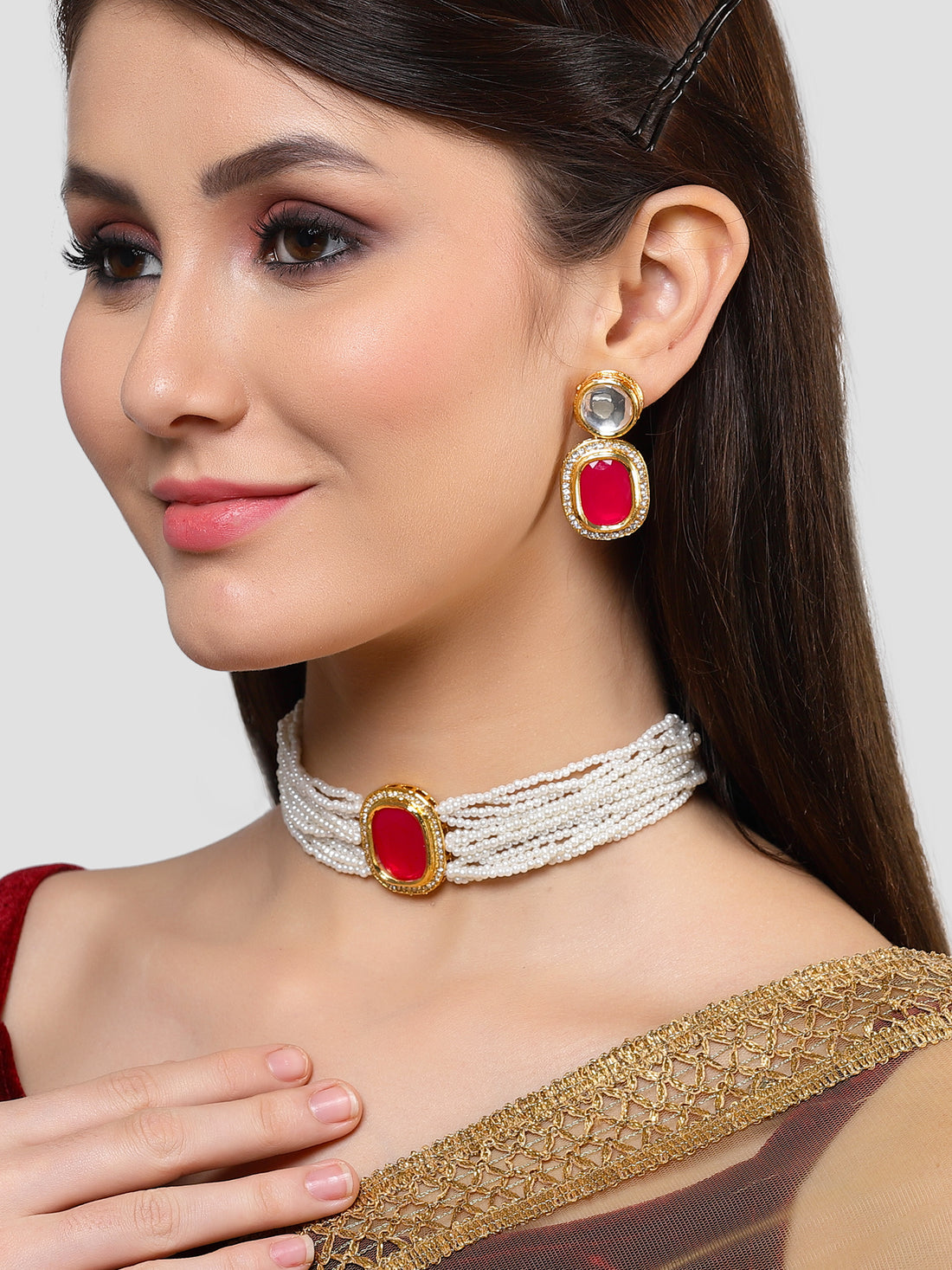 Karatcart Gold Plated Red Polki Kundan Choker Necklace Set for Women