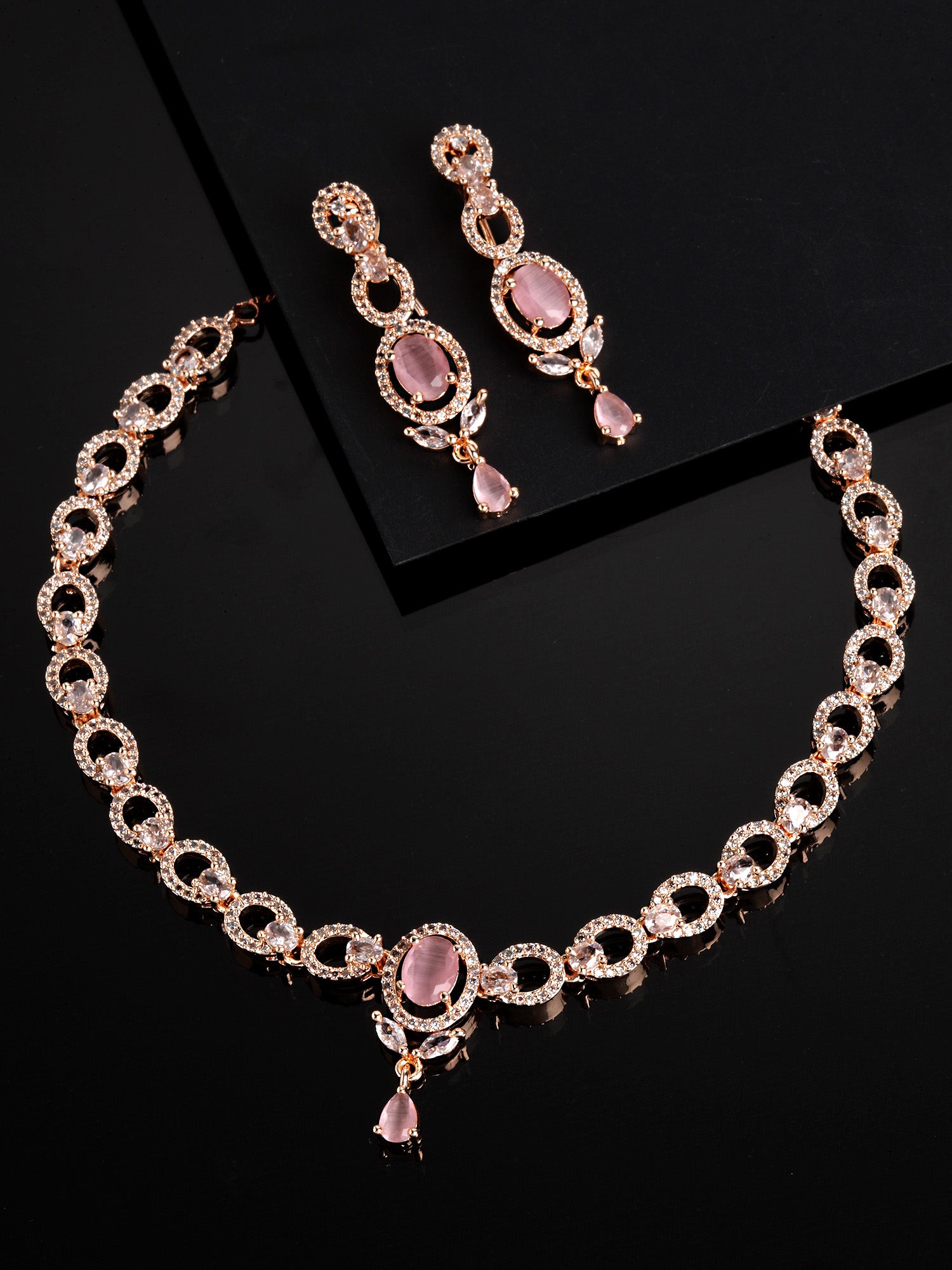 Karatcart Rose Gold Plated Pink Cubic Zirconia Studded Necklace Set for Women - view 3