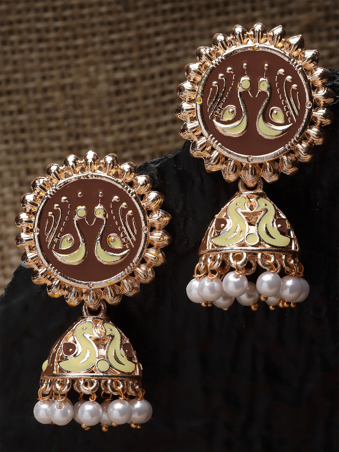 Karatcart Rose Gold Plated Peacock Design Brown and Cream Meena Jhumki Earrings for Women