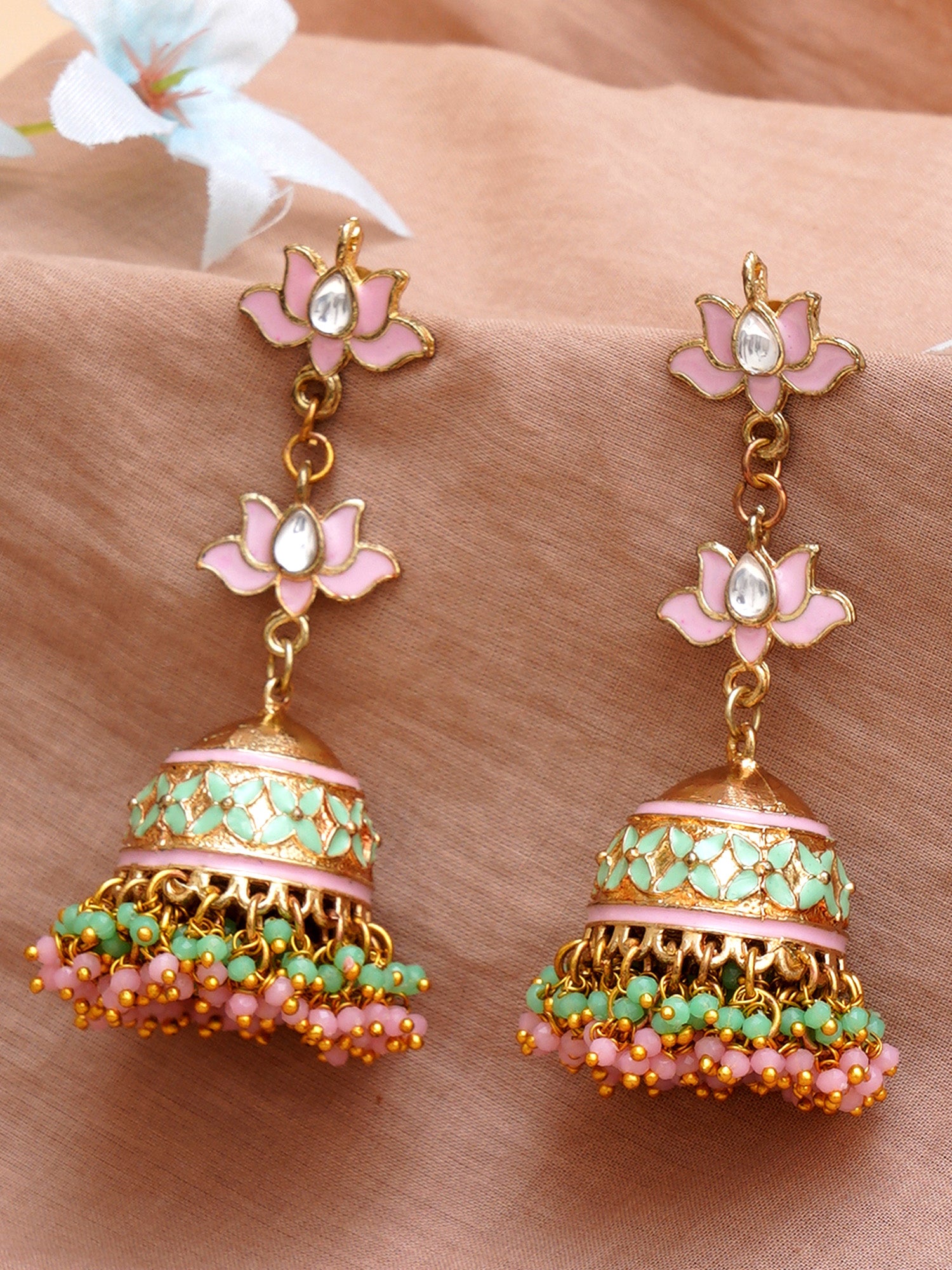 Karatcart Gold Plated Pink and Light Green Crystal Kundan Jhumki Earrings for Women - Image 1