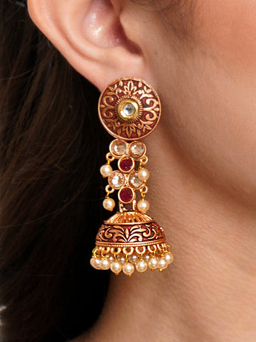 Karatcart Gold Plated Maroon Meena and Pearl Studded Jhumki Earrings for Women