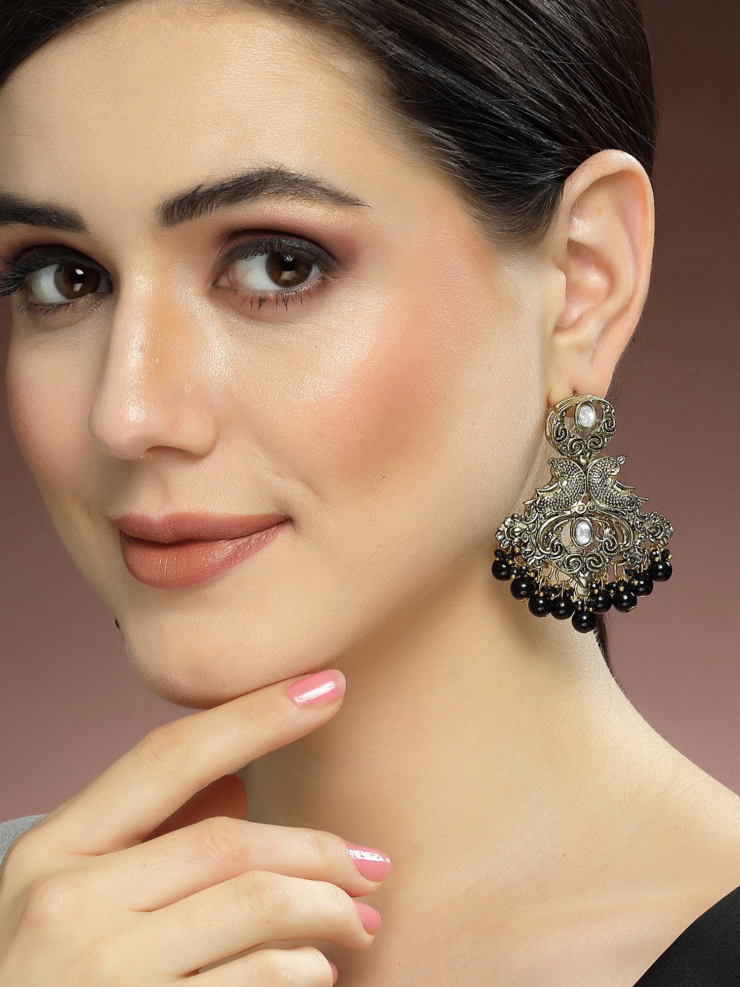 Karatcart Antique Gold Plated Black Beads Peacock Design Kundan Dangler Earrings for Women - view 2