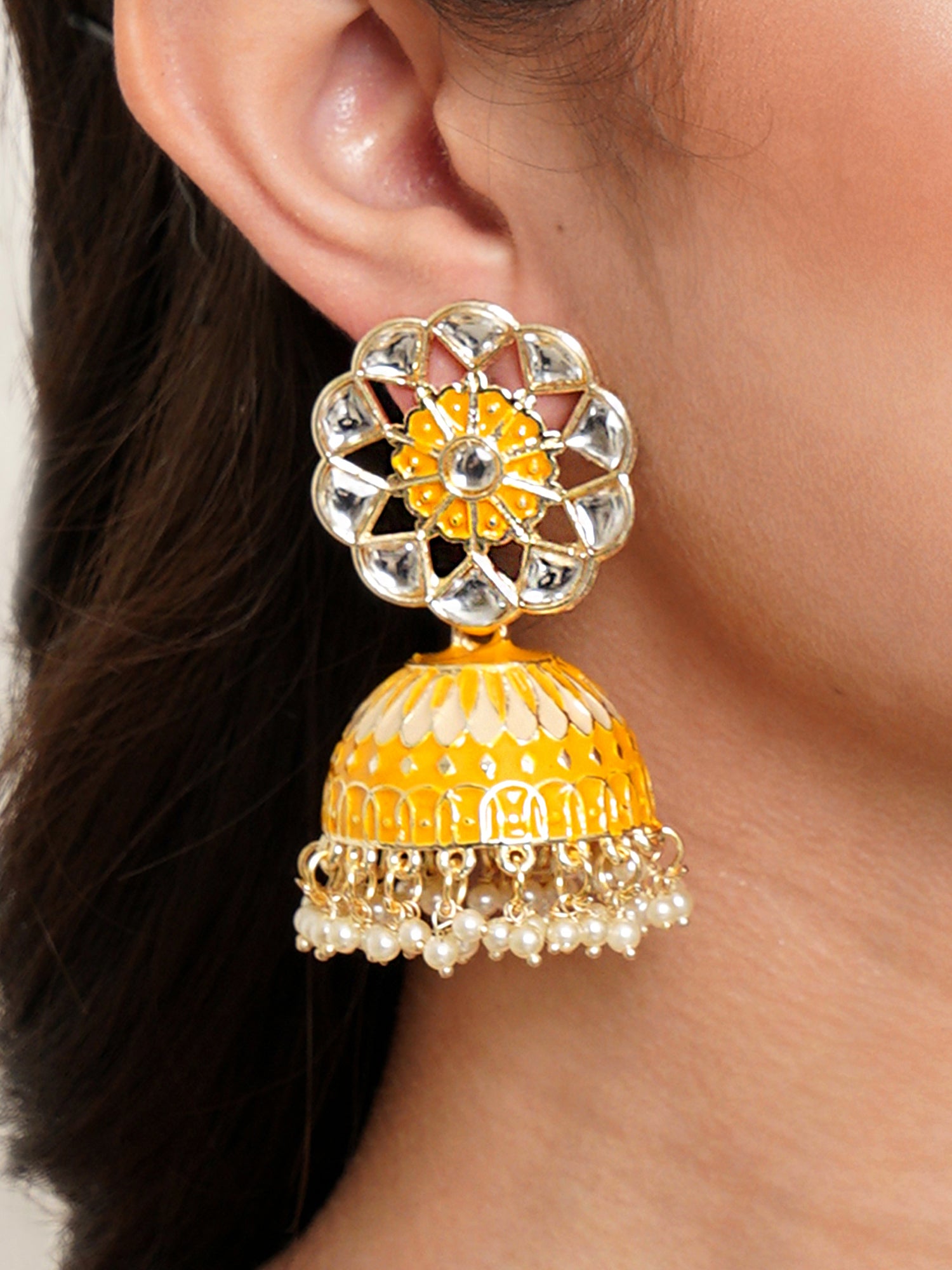 Karatcart Gold Plated Yellow Meena Kunda Studded Jhumki Earrings for Women - view 2