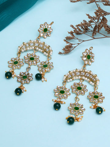 Karatcart Gold Plated Floral Green Meena Kundan Dangler Earrings for Women