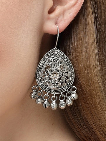 Karatcart Oxidised Silver Flaming Peacock Design Drop Earrings for Women