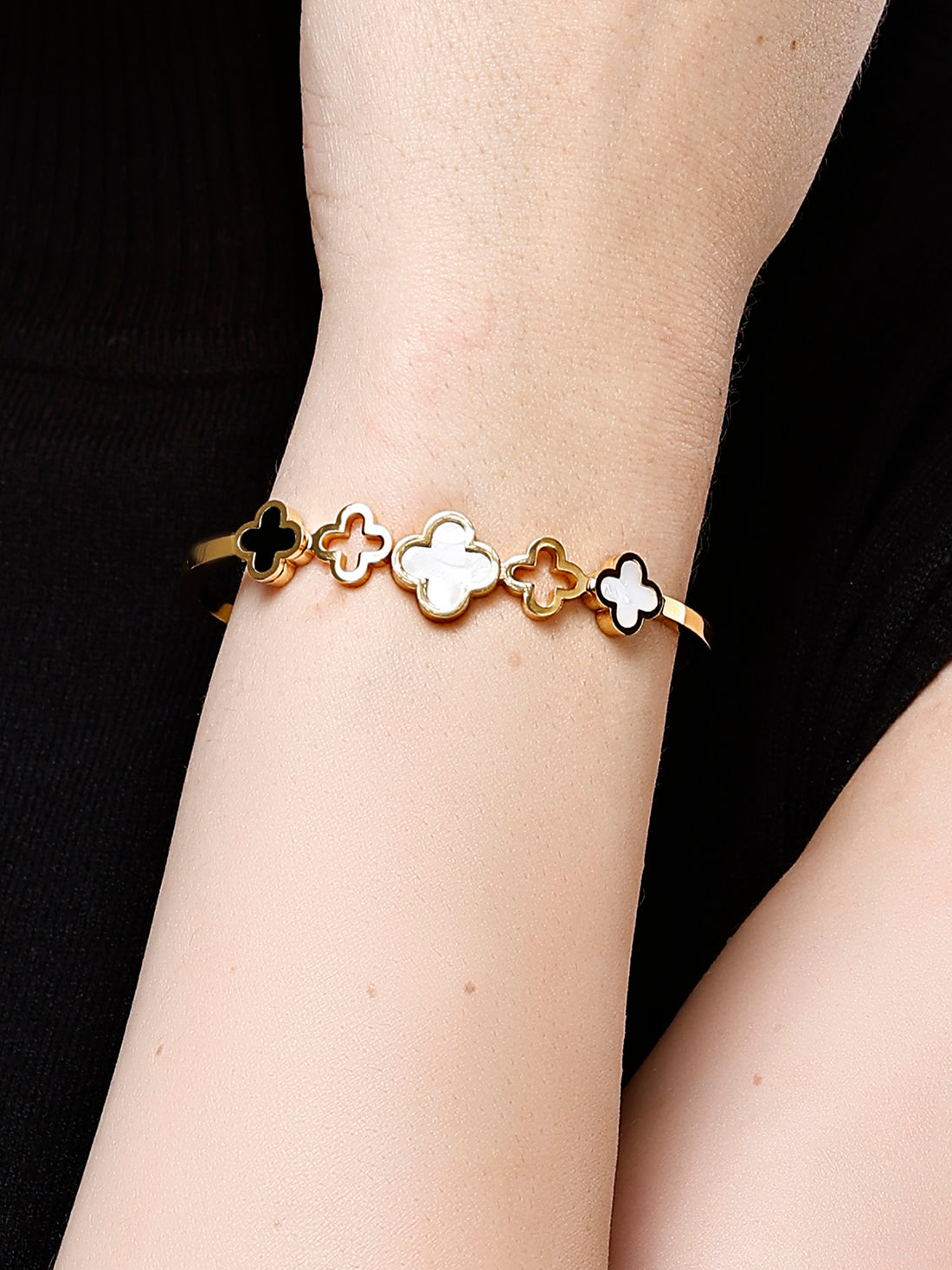 Bohey by KARATCART Gold-Plated White and Black Stone Studded Bangle-Style Bracelet for Women