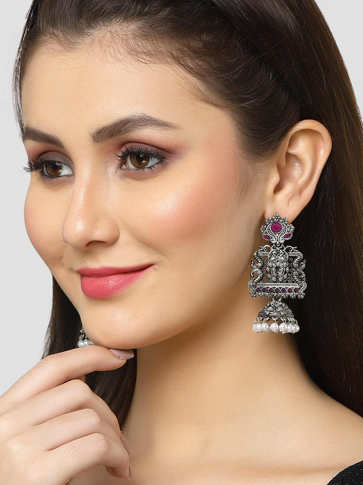 Karatcart Oxidised Silver Peacock Red Stone Studded Dangler Jhumki Earrings for Women - Image 1