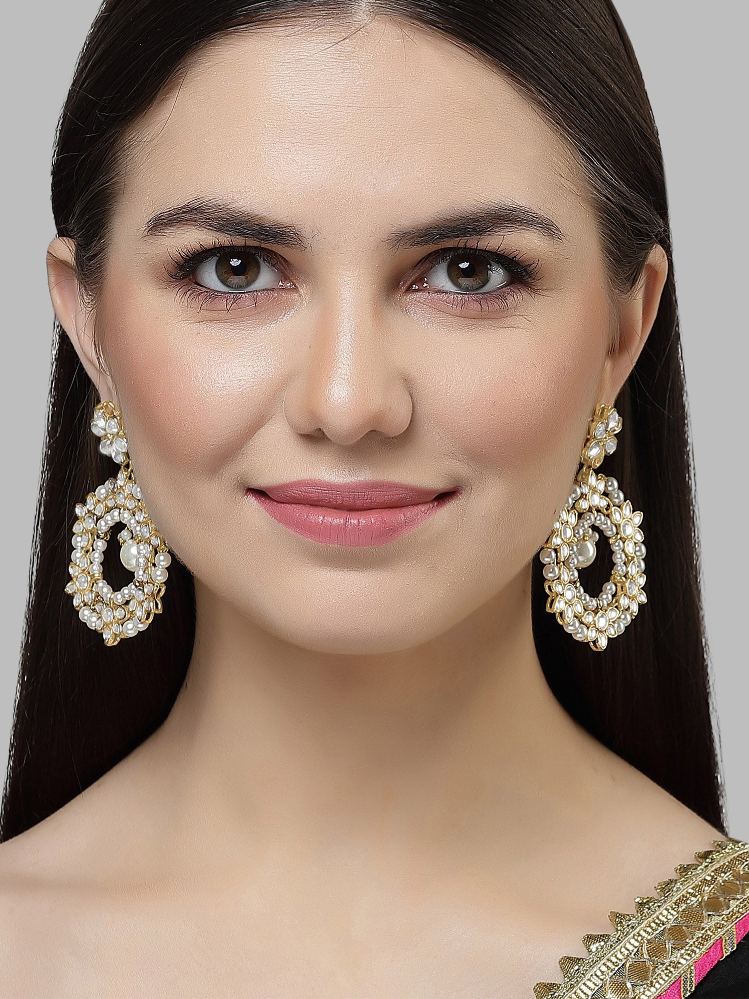 Karatcart Gold-Plated Pearl and Floral Kundan Studded Dangler Hoop Earring for Women - view 2