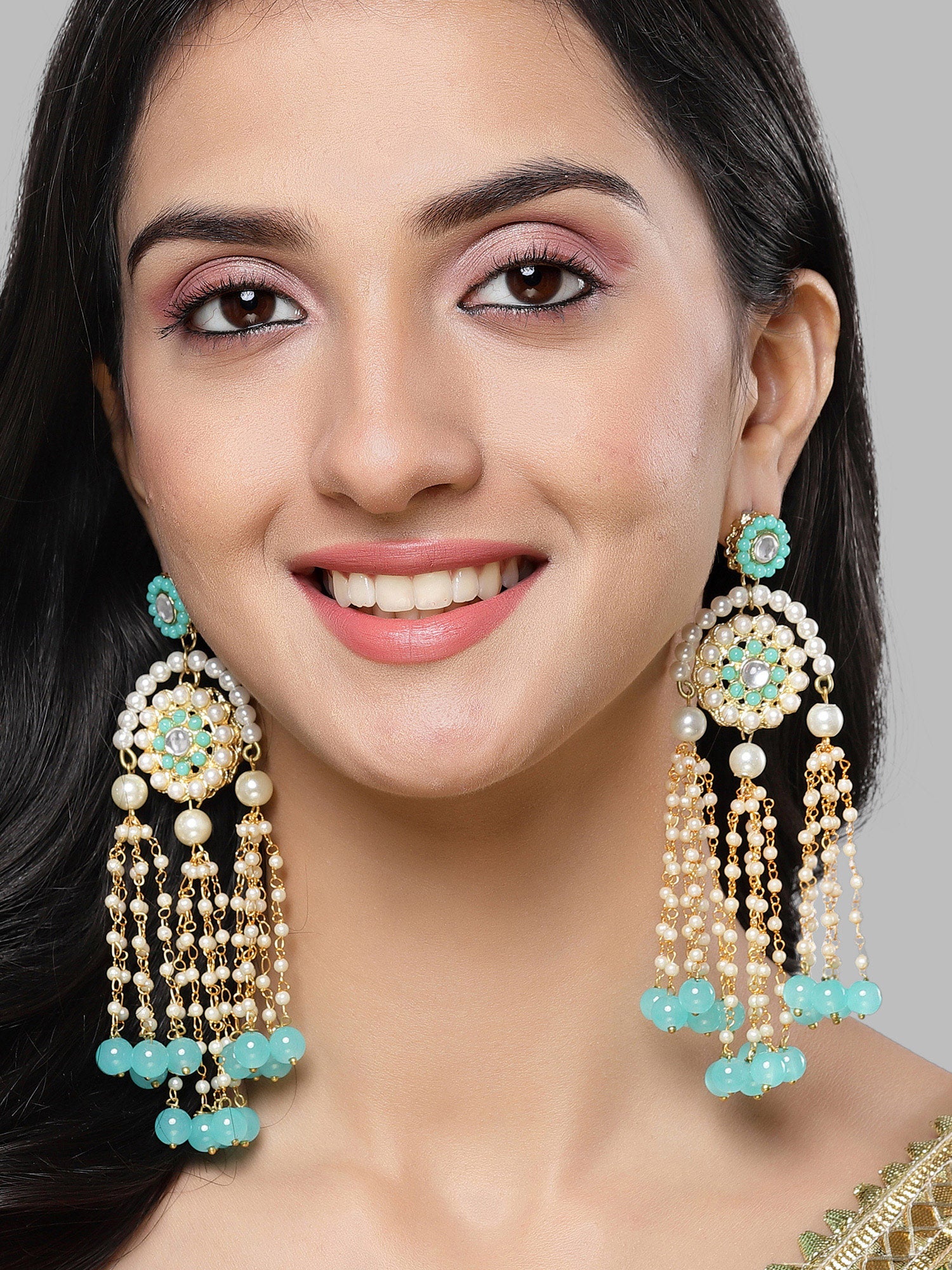 Karatcart Gold Plated Light Blue Beads and Pearl Kundan Drop Earrings for Women - Image 1