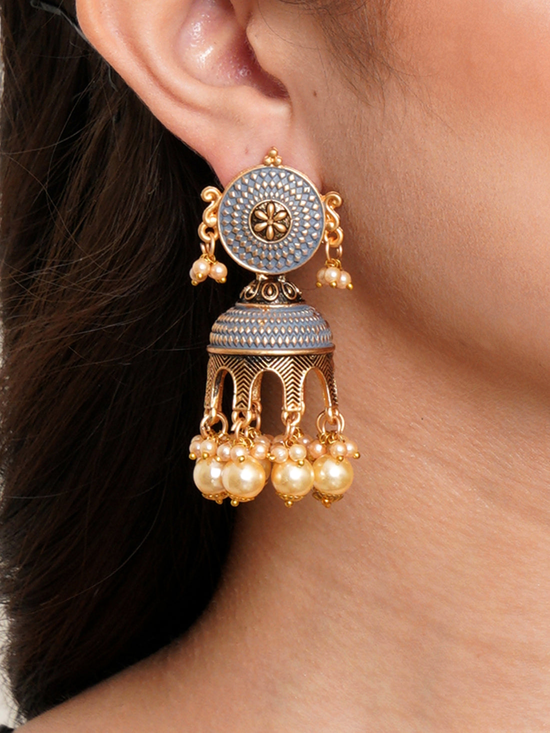 Karatcart Antique Gold Plated Grey Tomb Style with Golden Pearl Jhumki Earrings for Women