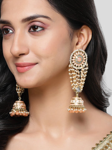 Karatcart Gold Plated Peach Beads Floral Kundan Jhumki Drop Earring for Women