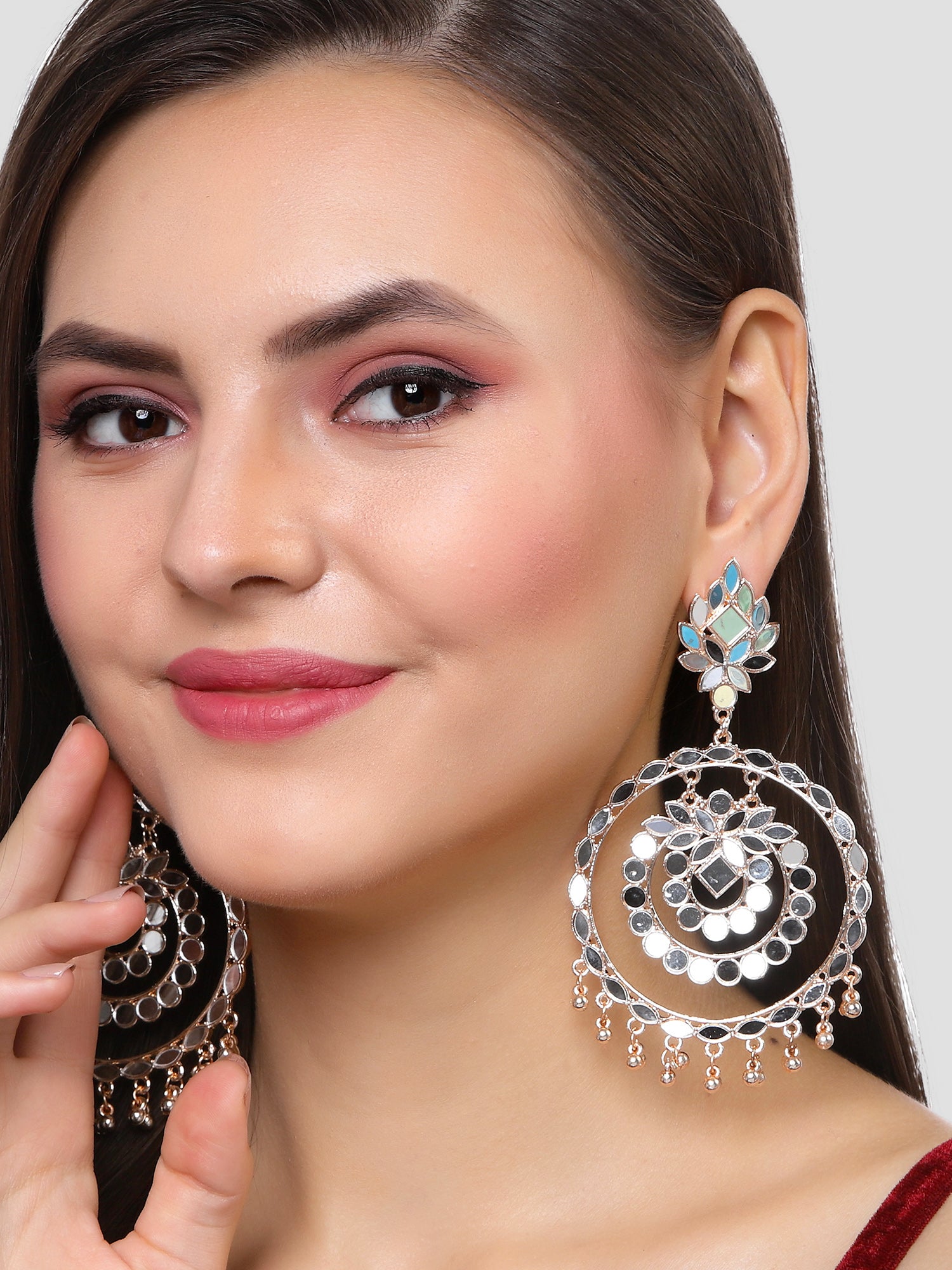 Karatcart Rose Gold Plated Mirror Studded Round Shape Dangler Earrings for Women - Image 1