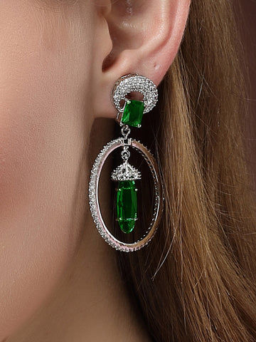 Karatcart Silver Plated Green Cubic Zirconia Studded Dangler Hoop Earrings for Women