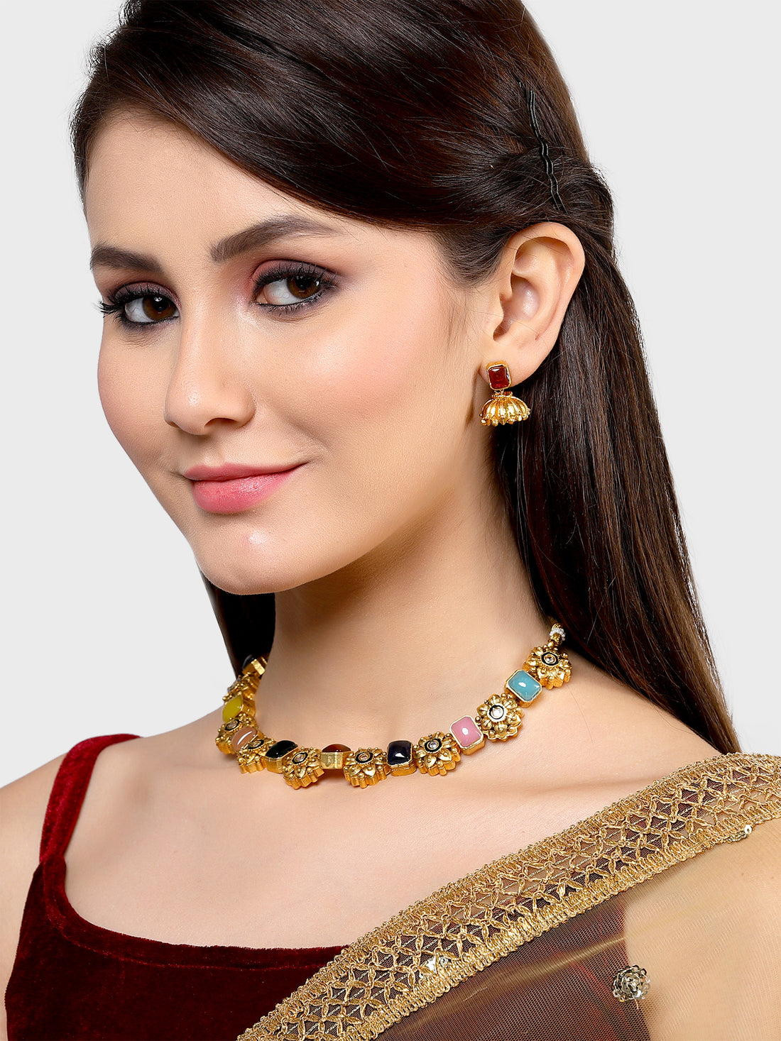 Karatcart Gold Plated Multicolor Stones Studded Floral Design Necklace Set