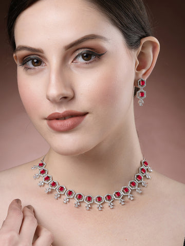 Karatcart Red Cubic Zirconia Studded Light Weight Jewellery Set for Women