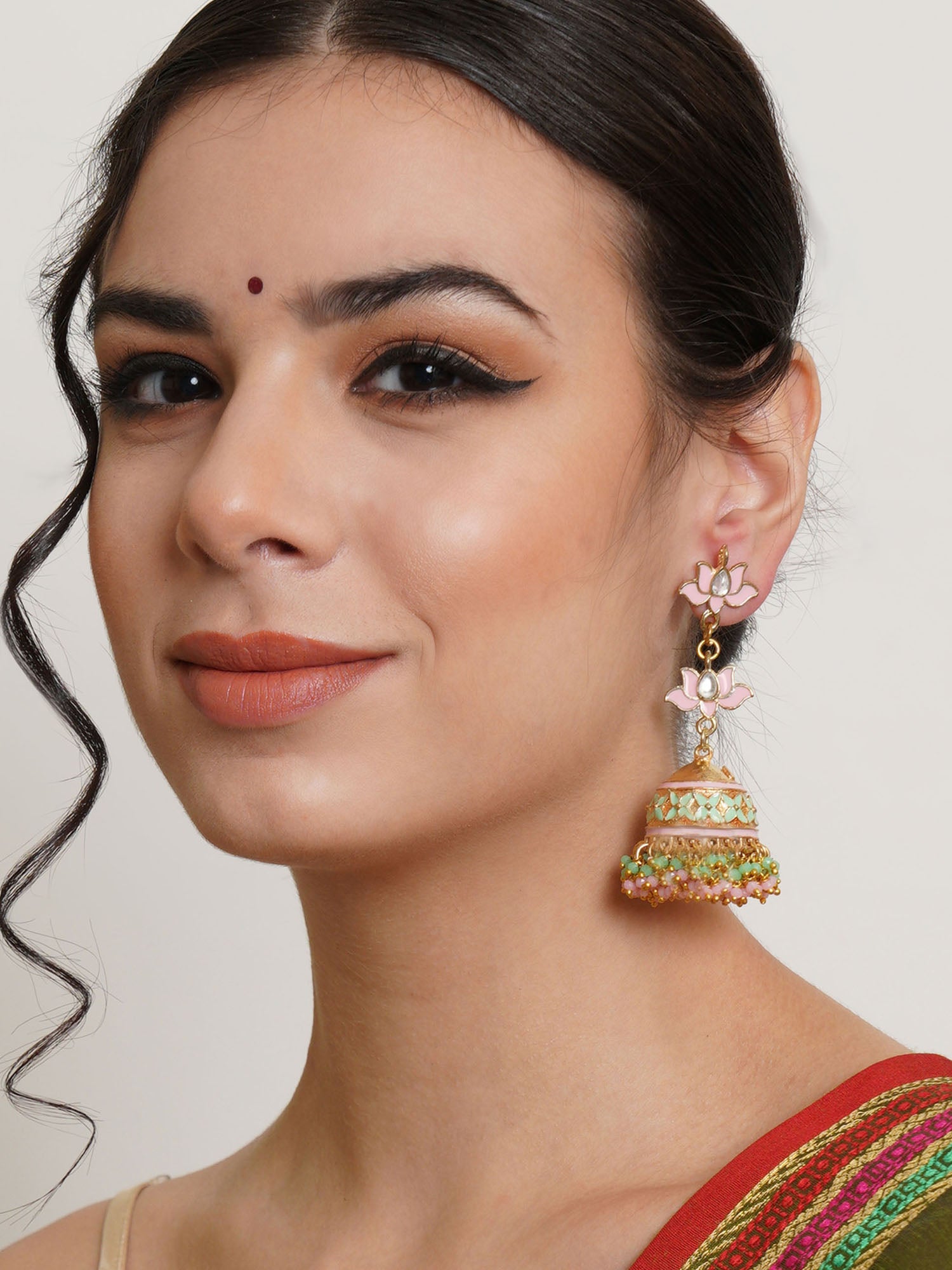 Karatcart Gold Plated Pink and Light Green Crystal Kundan Jhumki Earrings for Women - view 2