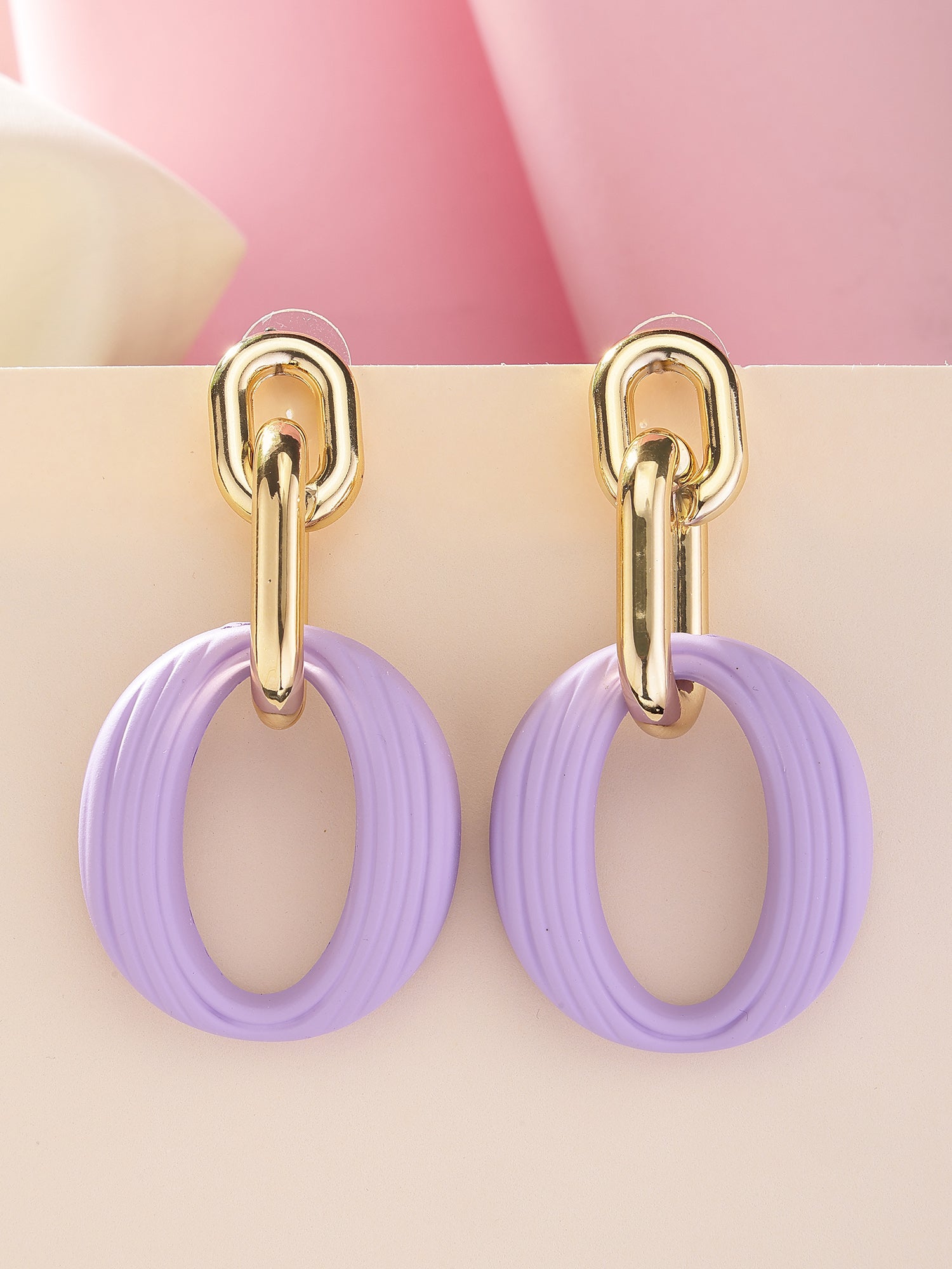Bohey by KARATCART Matte Finish Gold and Lilac Linked Dangler Earrings for Women