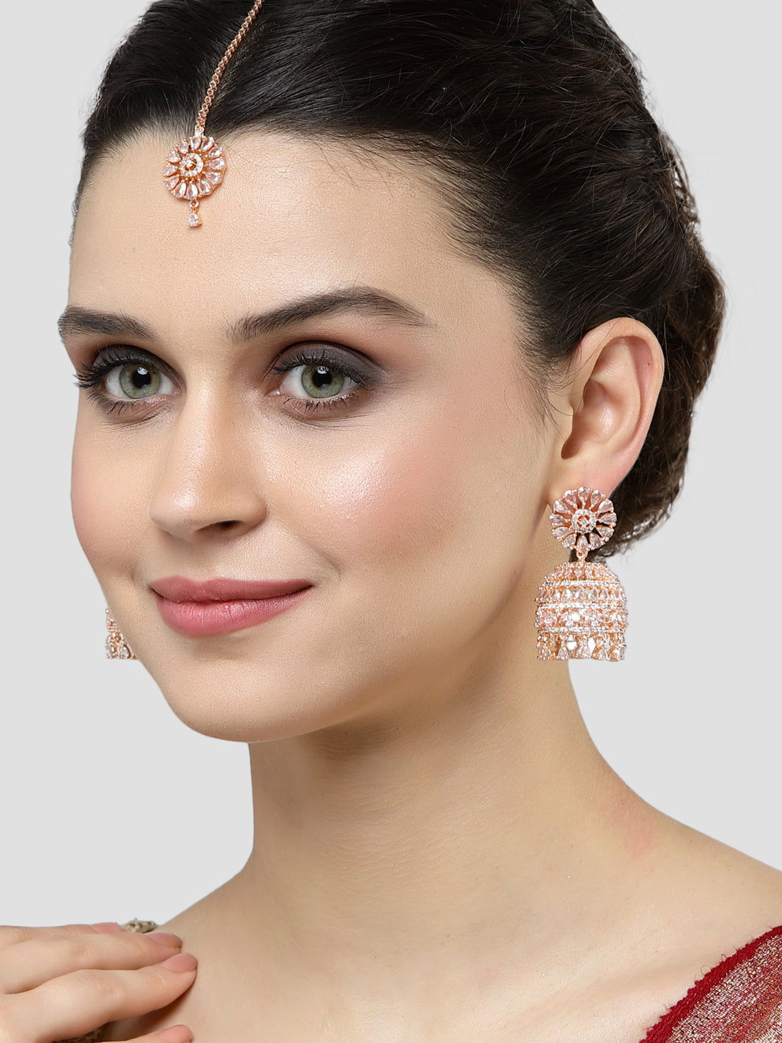 Karatcart Rose Gold Plated White CZ Studded Earrings with Maangtikka for Women