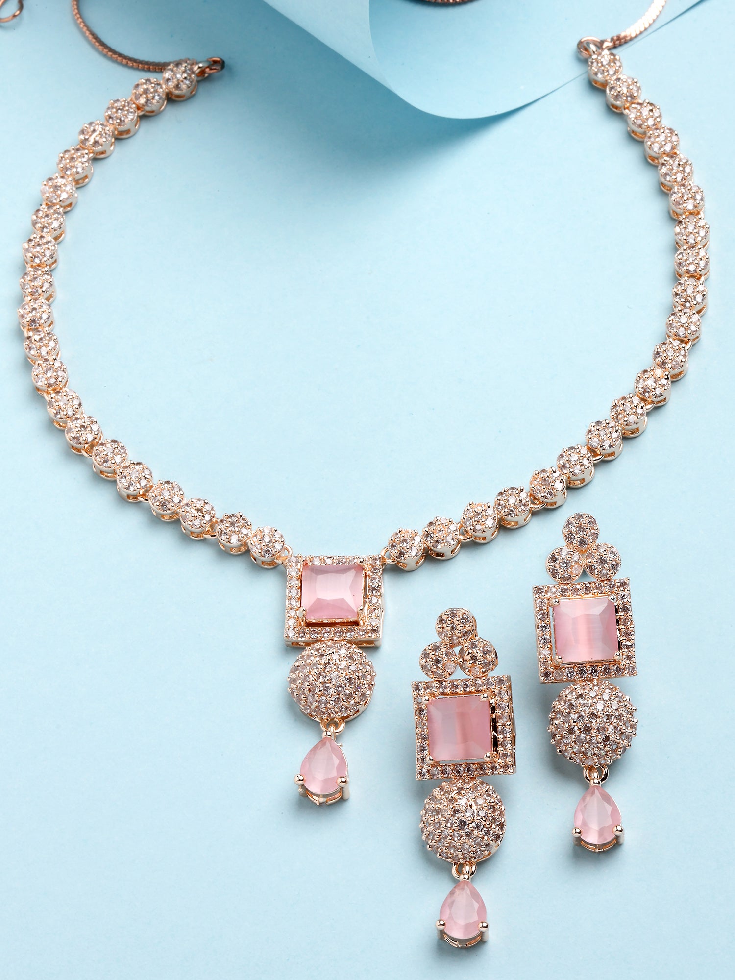 Karatcart Pink American Diamond Studded Rose Gold Plated Necklace Set for Women - view 3