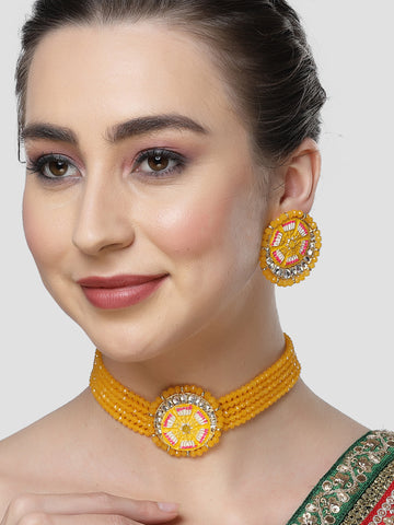 Karatcart Yellow Meena Lotus Design Crystal Choker Necklace Set for Women