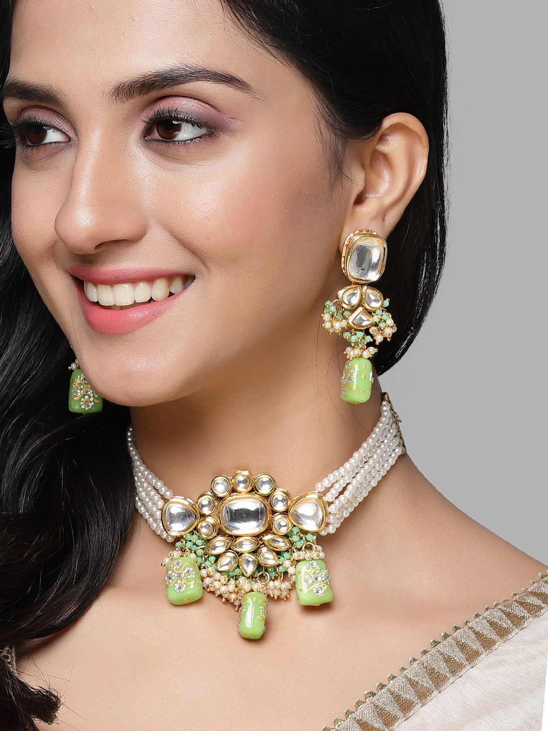 Karatcart Gold Plated Light Green Tumble Polki Kundan Choker Necklace Set for Women