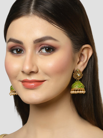 Karatcart Gold Plated Green Meena Golden Pearl Jhumki Earrings for Women