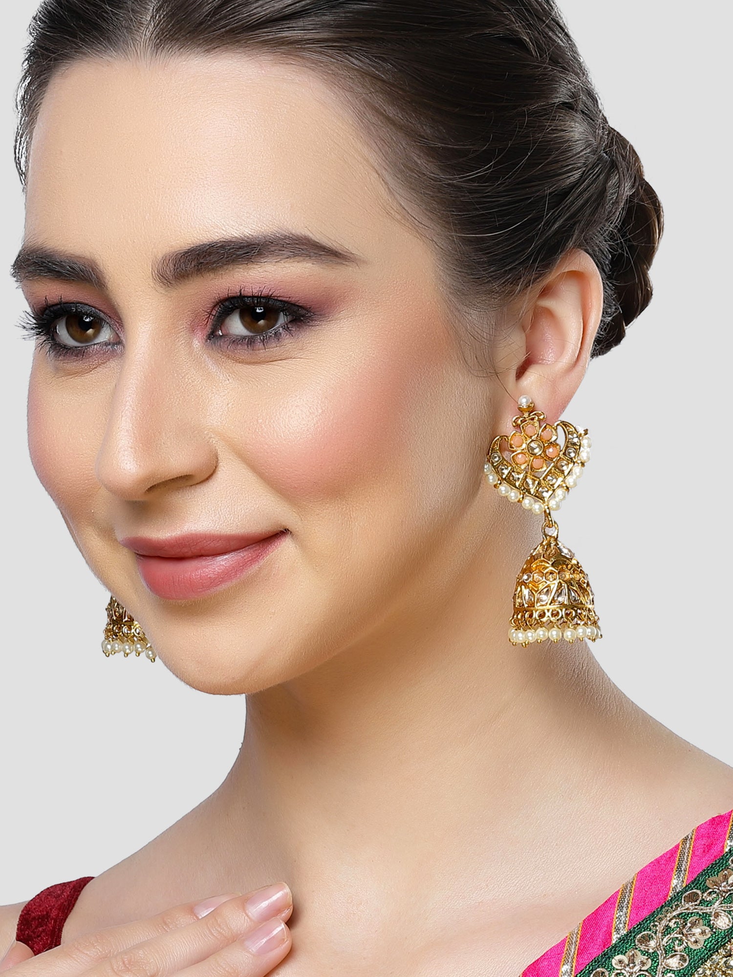 Karatcart Gold Plated Floral Design Peach Kundan Studded Jhumki Earrings for Women - Image 1