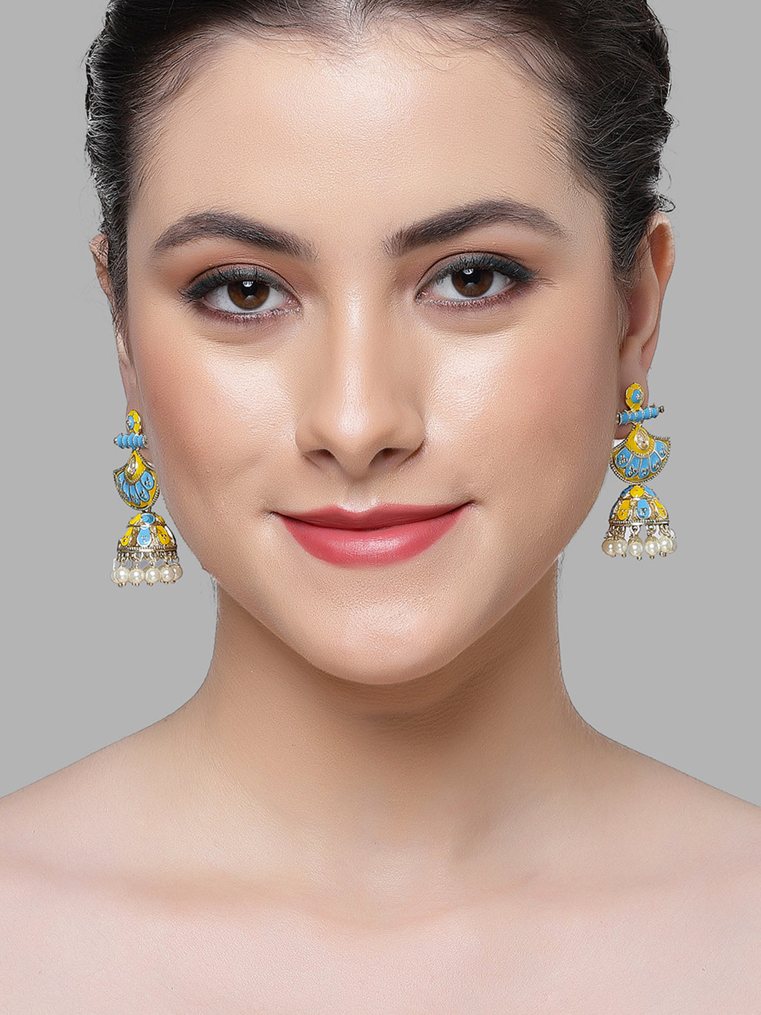 Karatcart Gold Plated Yellow and Light Blue Meena Jhumki Earrings for Women