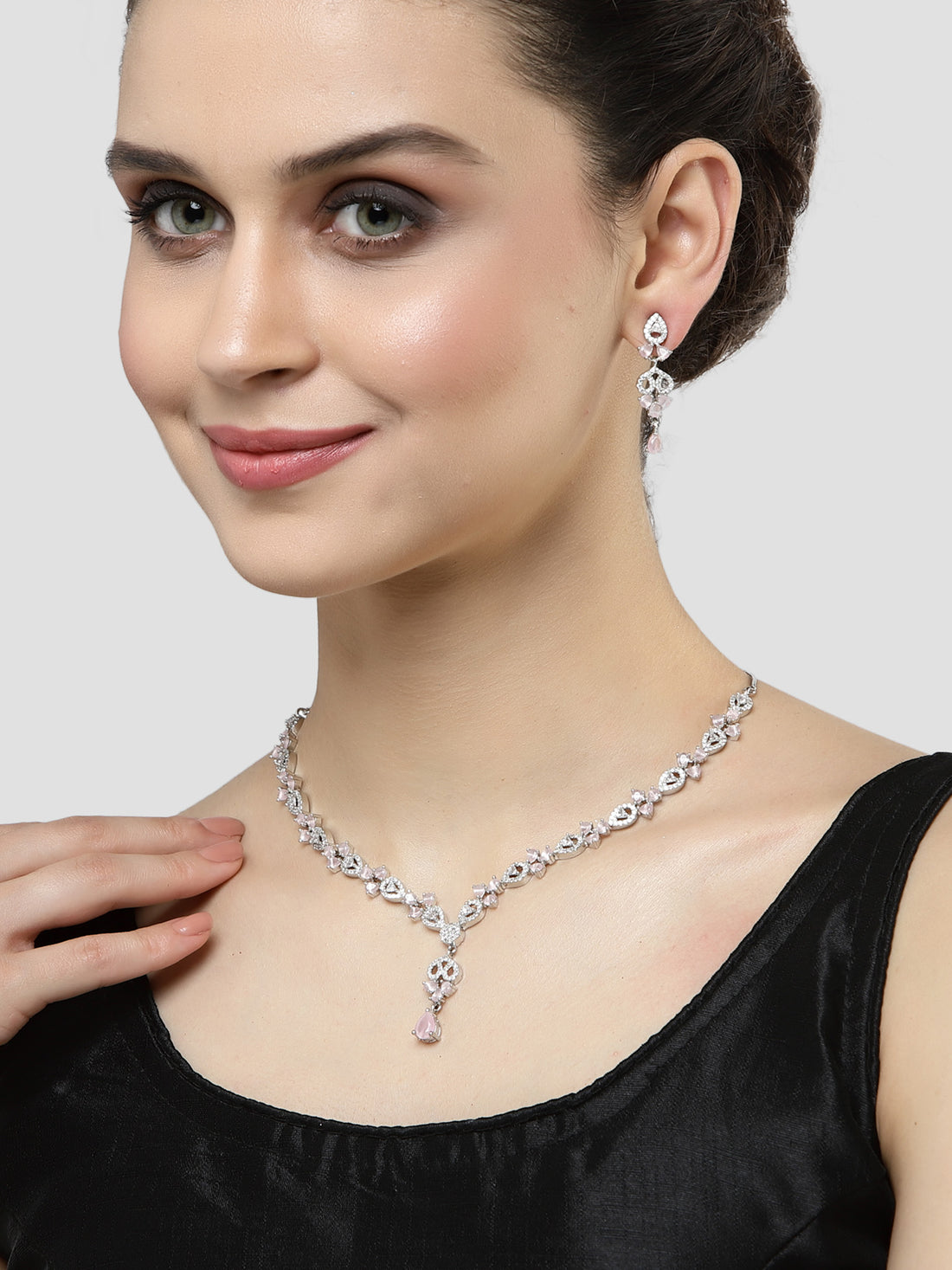 Karatcart Silver Plated Pink Cubic Zirconia Studded Necklace Set