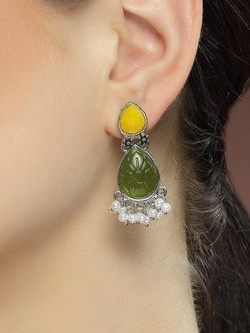 Karatcart Silver Tone Drop Shape Olive Green and Yellow Carved Stone Studded Drop Earrings for Women