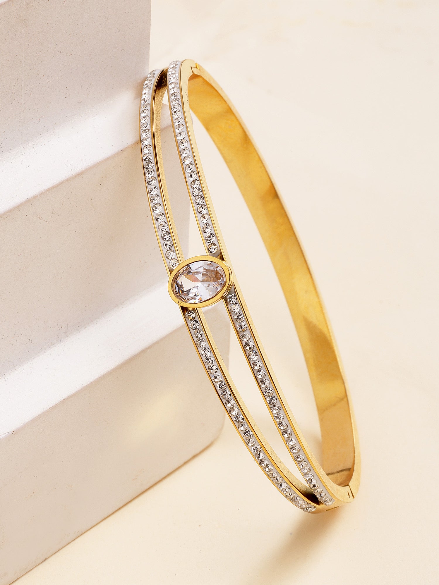 Bohey by KARATCART Gold-Plated White Cubic Zirconia Studded Bangle-Style Bracelet for Women
