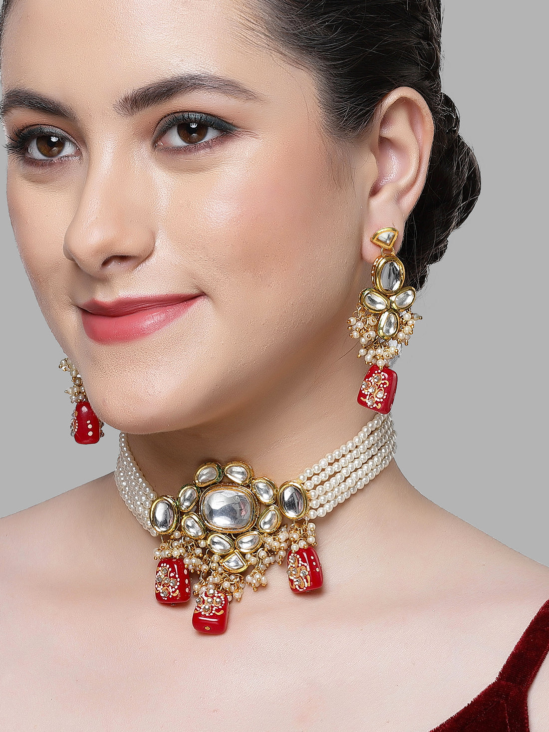 Karatcart Red Tumble and Pearl Studded Polki Kundan Choker Necklace Set for Women