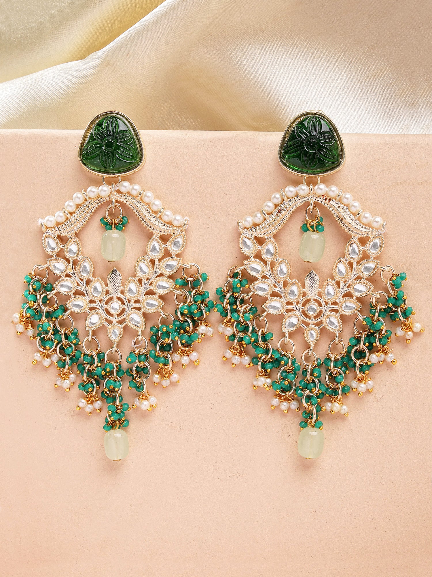 Karatcart Gold Plated Green Carved Stone and Crystal Dangler Earrings for Women - view 3