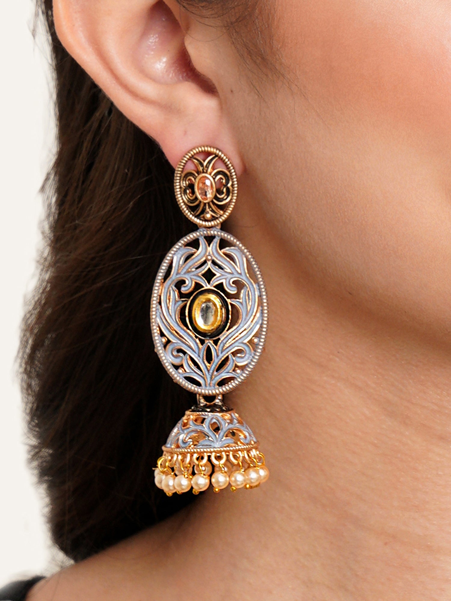 Karatcart Gold Plated Grey Meena Dangler Jhumki Earrings for Women - Image 1